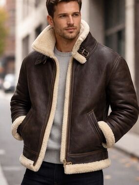 Men's Brown Leather Shearling Jacket with Cream Trim